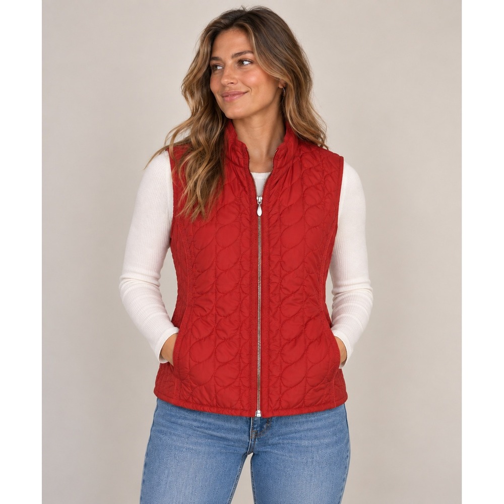 Chicos Quilted Vest Womens Large Large Orange Full Zip Pockets Autumn Layering